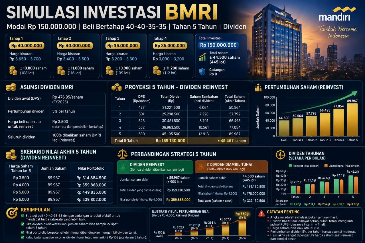 Simulasi Investasi BMRI: Proyeksi 8 Tahun & Perbandingan Dividen (Mandiri Sekuritas)