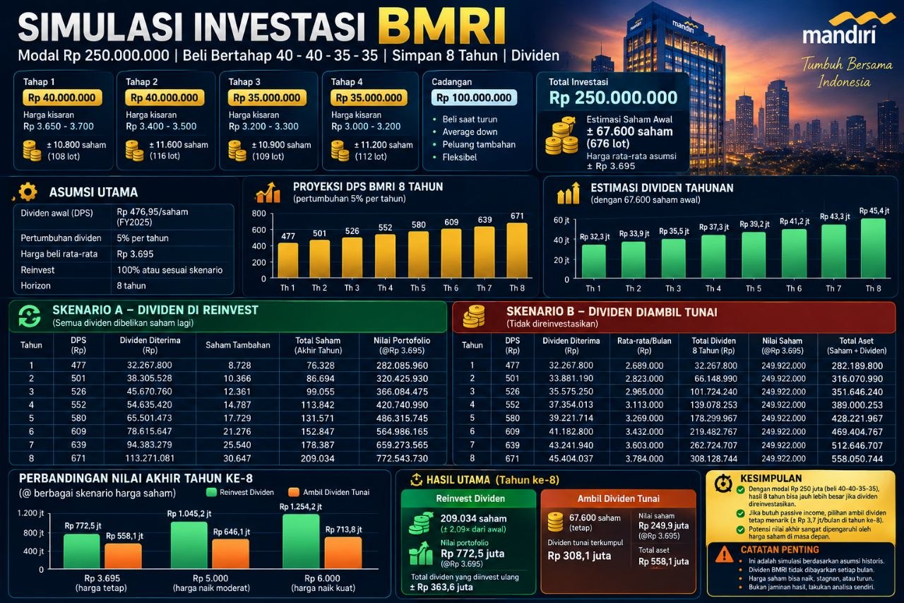 Perbandingan Investasi BMRI 3 Tahun: Dividen Diakumulasi vs Diambil Tunai (Mandiri Sekuritas)